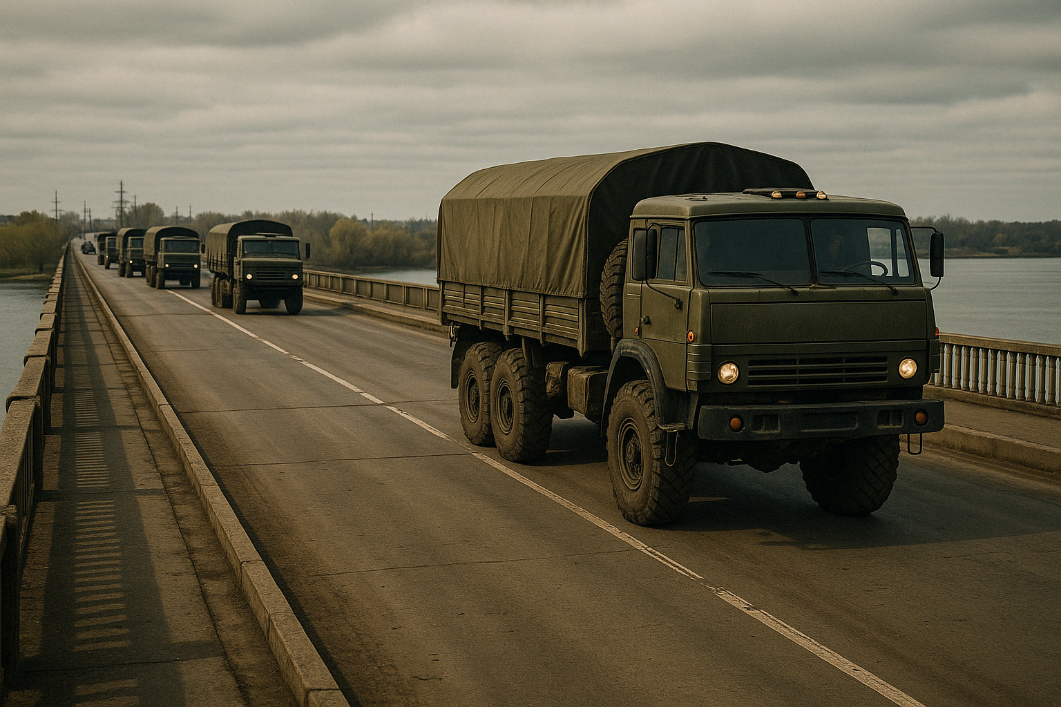 Military trucks crossing Kherson bridge